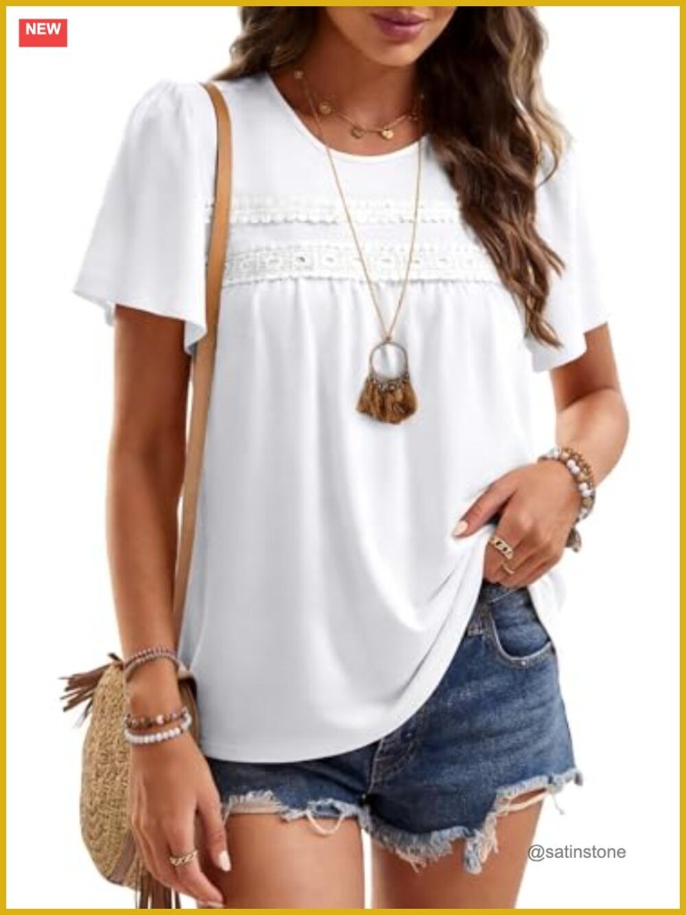 Women's Short Sleeve T-Shirt Crew Neck Lace Trim Puff Sleeve Summer Top